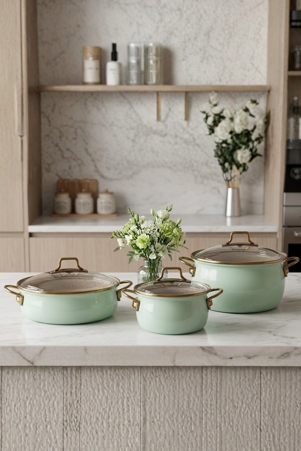 Bonera Vintage Enamel Casserole 6 Piece Cookware Set Aqua Green