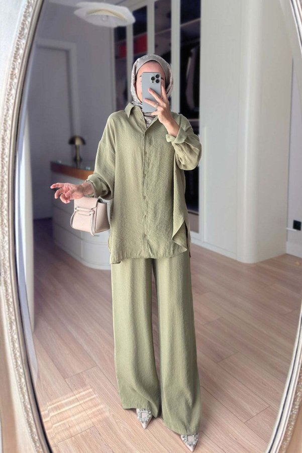 Ka Hijab Casual Shirt and Pants Two-Piece Set - Green