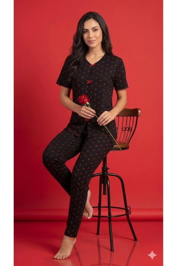 fameshomewear Summer Black Red Heart Patterned Short Sleeve Combed Cotton 100% Cotton Pajama Set