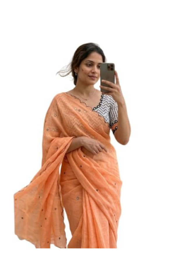 MYSMAR Peach Linen Cotton Saree with Mirror Work - FFT8727 | Peach