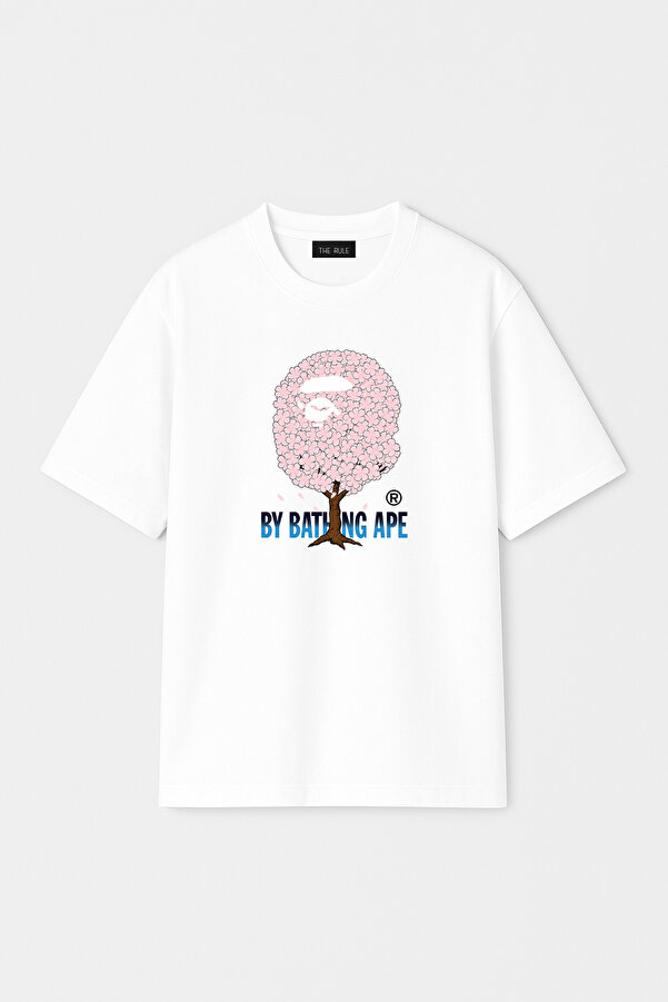 Unisex Bathing Ape Sakura Baskılı Oversize %100 Pamuk Geniş Kesim Dokulu Bisiklet Yaka T-Shirt