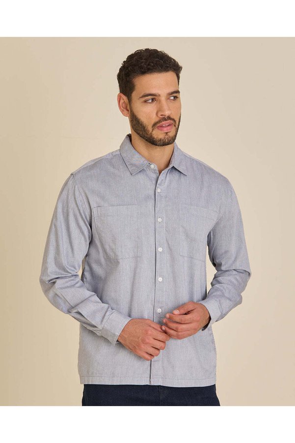REDTAG Men Grey Western Pocket Poplin Shirt