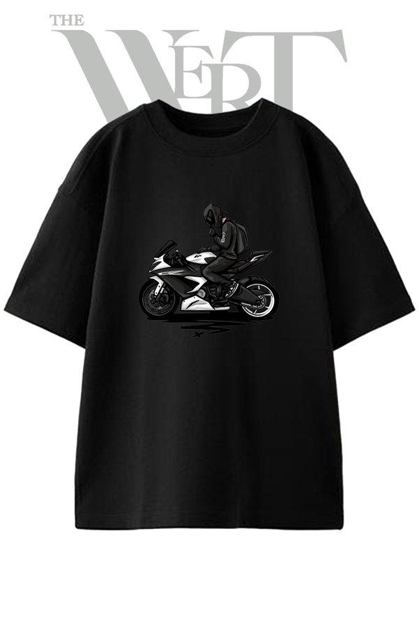 THEWERT Helmeted Biker Design Printed Unisex Black Oversize T-Shirt