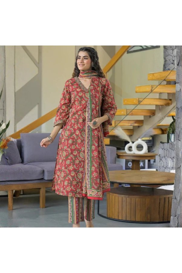 MYSMAR Maroon Print Cotton Kurta Set with Striped Dupatta - VRN1142 | Maroon-Size:S-36-Inches