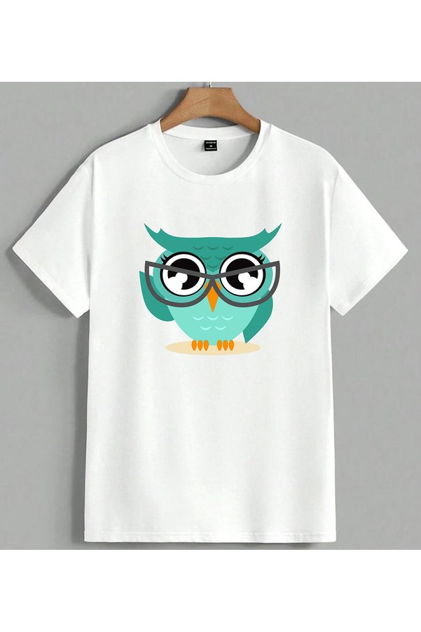 ELFERA Minye Gozluk Turquoise Owl Printed Unisex Oversize T-Shirt White