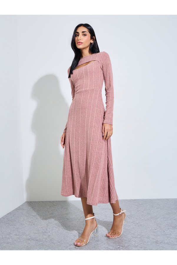 Styli Pink Ribbed Knit Midi Dress with Cutout