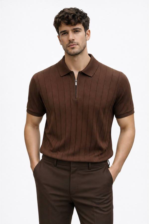 BOLD 2026 New Season Zippered Knitwear Polo Collar T-Shirt Modern Striped Textured Men's Summer Brown