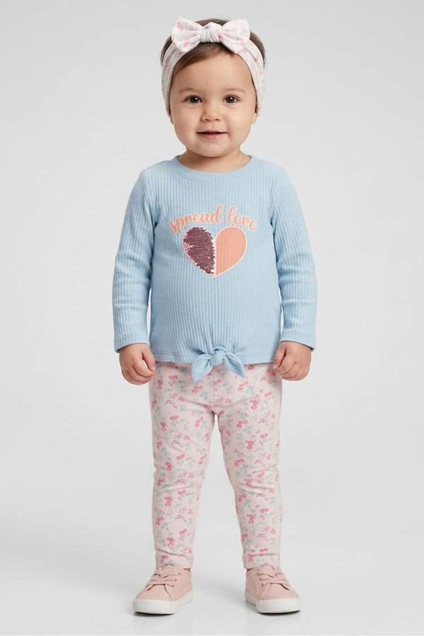NANNETTE Toddlers Girl 3Pcs Graphic Print Top And Leggings Set with Headband, Multicolor