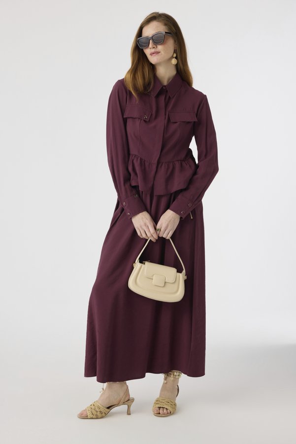 Zühre Pocket Detailed Waist Ruffled Burgundy Suit 1840
