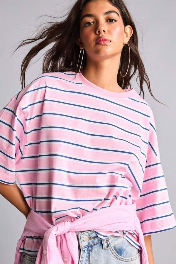 Defacto 100% Cotton Loose Fit Crew Neck Striped Short Sleeve T-Shirt I2415Ax26Au