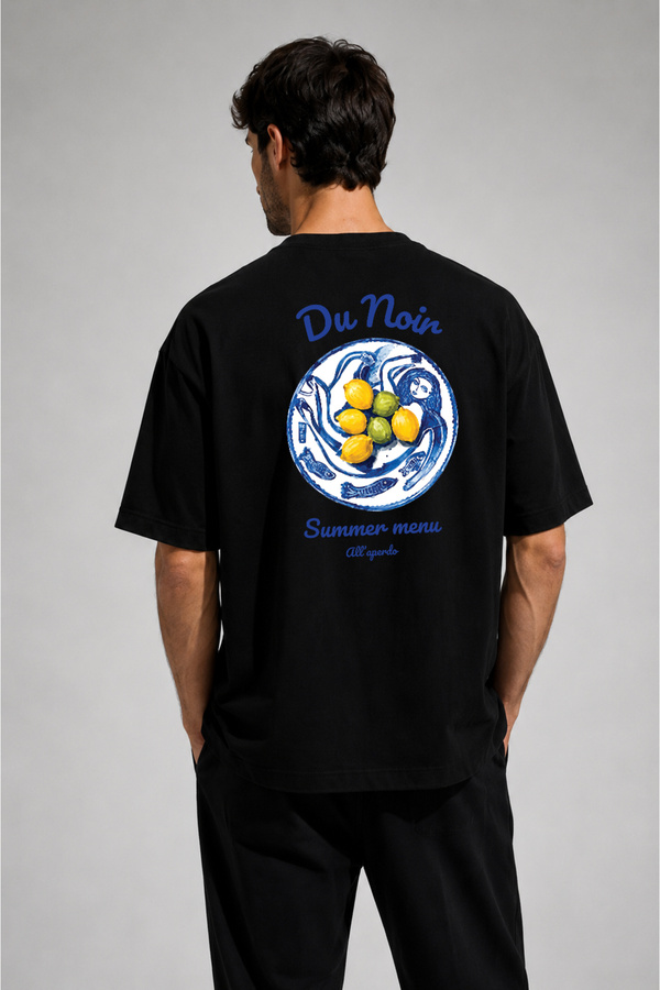 Unisex Du Noir Baskılı Oversize %100 Pamuk Geniş Kesim Dokulu Bisiklet Yaka Siyah T-Shirt