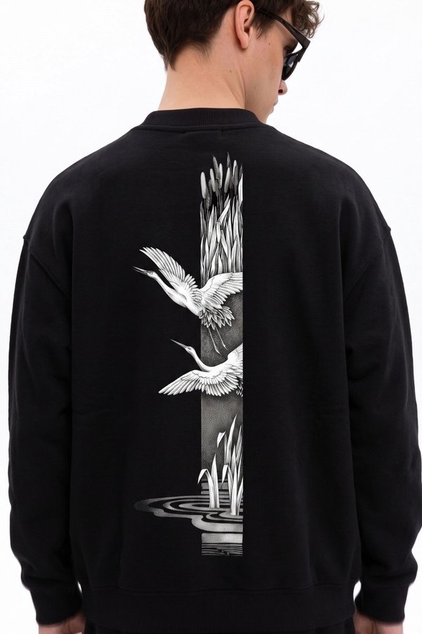 The Champ Clothing Men's Oversize Sweatshirt Heron Line Printed Black – Crew Neck, 3 Thread Raster Fleece