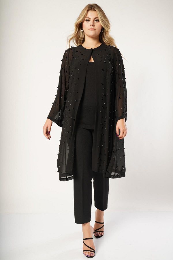 Nelly Plus Size Chiffon Evening Dress Black Jacket with Pearls Trendyol
