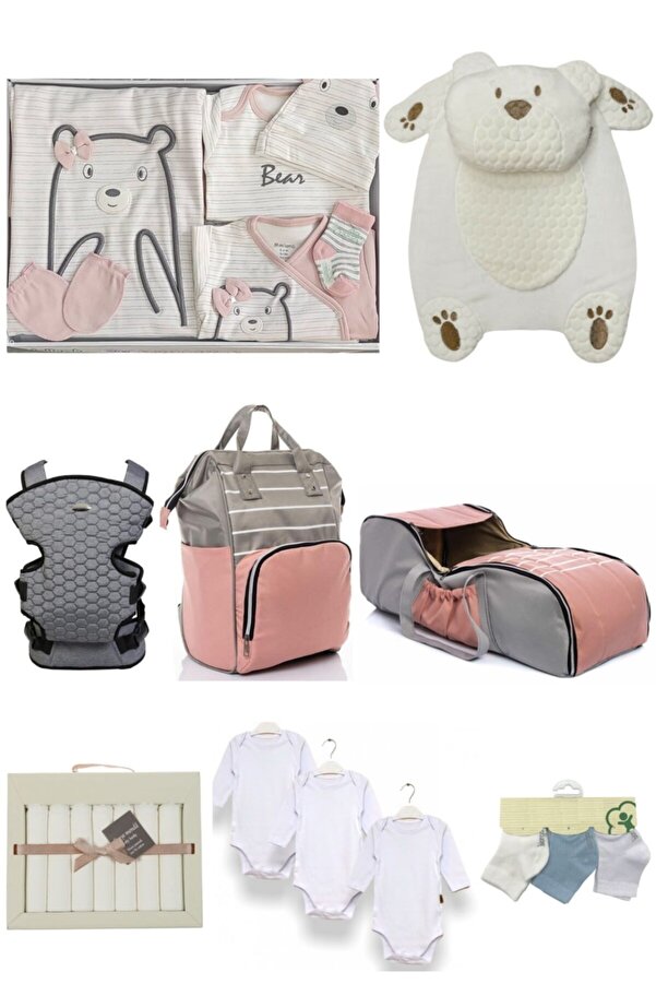 Sahra 8 Parça Bebek Çantası Ve Büyük Doğum Seti (ÇANTA,PORTBEBE,HASTANE ÇIKIŞ,ALT AÇMA,BODY,MENDİL,ÇORAP)