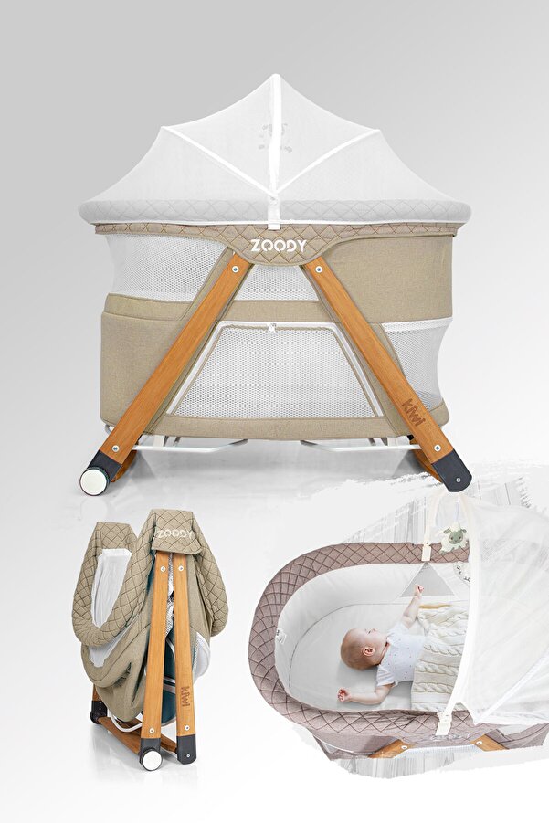 Kiwi Zoody Park Yatak ve Oyun Parkı Bebek Beşiği, Anne Yanı Beşik, Park Beşik, Sallanan Beşik -Latte Renk