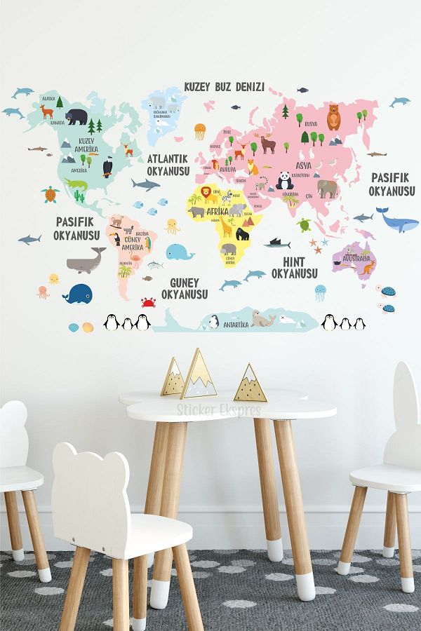 Sticker Ekspres-Colorful Turkish World Map World Atlas Baby Kids Room Kindergarten Nursery Wall Sticker 1