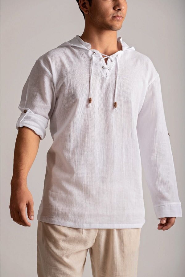 Botex-100% Cotton Linen Men's Hooded Shirt - Natural 1