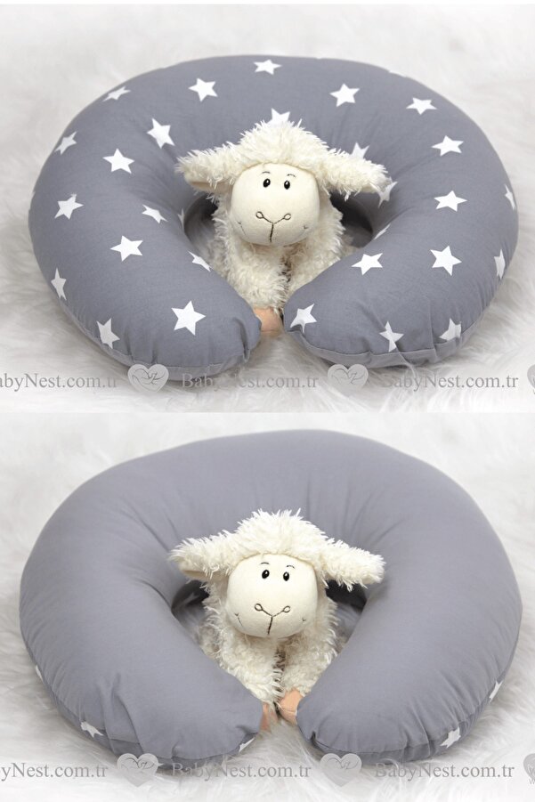 Babynest Emzirme Yastığı Ve Destek Minderi Gri Yıldız Ve Gri (BEYAZ BİYELİ)