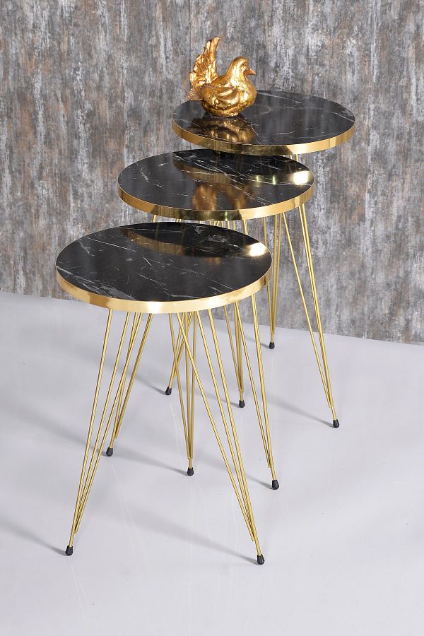 GOLDFALEZ-Gold Bendir Wire 3-Piece Round Nesting Tables - Modern Gold-Trim Side Tables Set (13.4" Diameter) 1