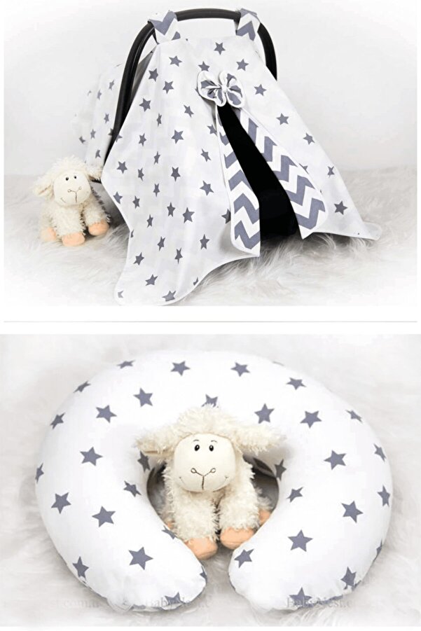 Babynest Puset Örtüsü + Emzirme Yastığı Gri Yıldız Ve Gri Zikzak Iki Ürün Bir Arada