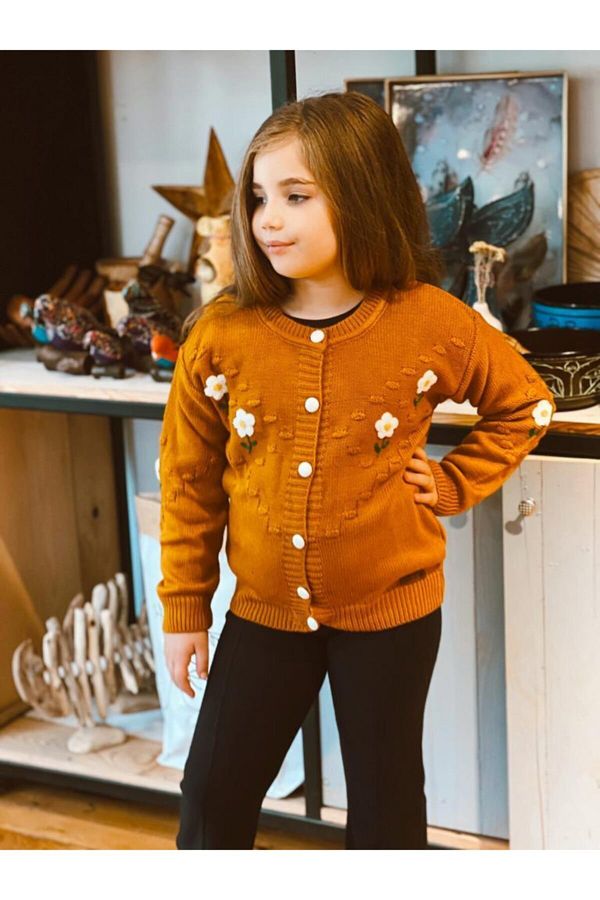 Hilal Ak nc Kids Girl s Daisy Embroidered Mustard Cardigan Knitwear Trousers Double Set Trendyol