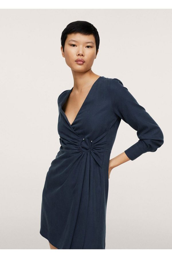 MANGO Women s Navy Blue Wrap Collar Long Dress Trendyol