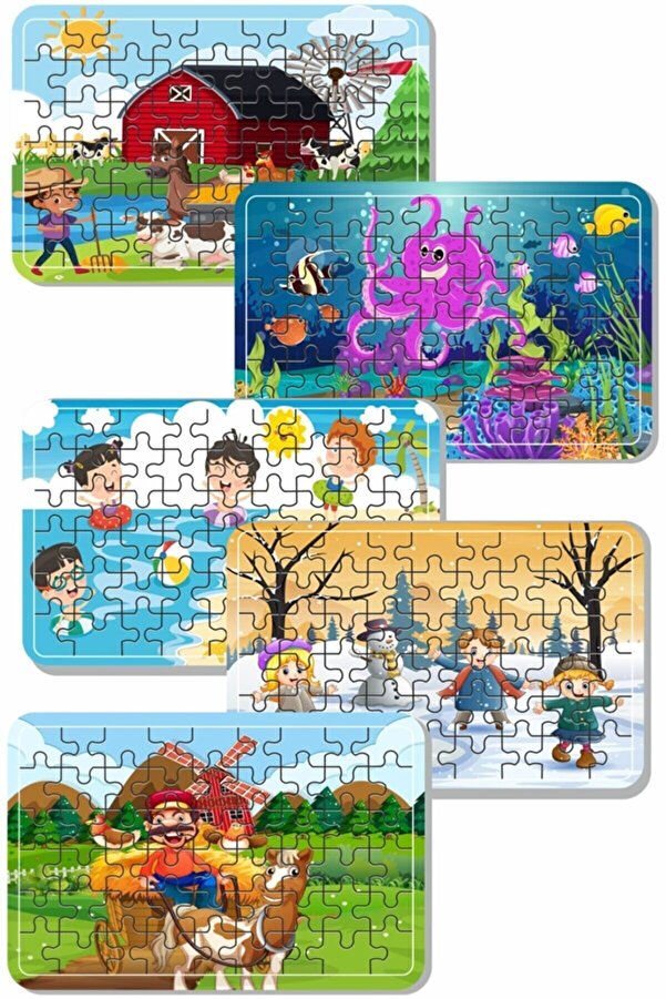 LİPYOS Çiftlik Hayvanları, Deniz, Tatil, Deniz Canlıları, Yılbaşı, Kardan Adam 54 Parça 5'li Ahşap Puzzle