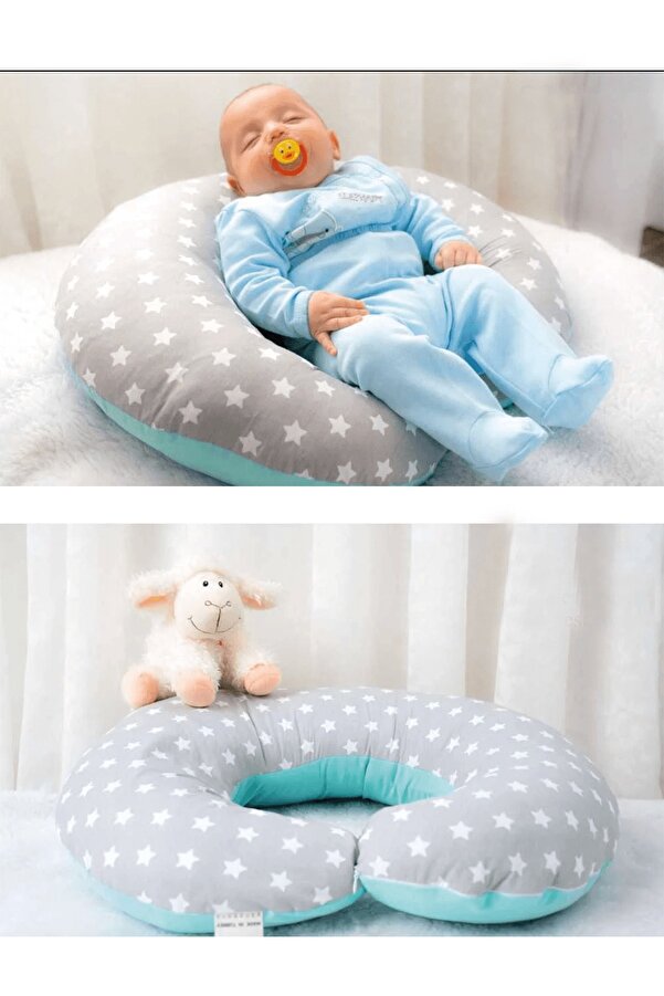 Babynest Emzirme Yastığı Ve Destek Minderi Gri Yıldız Ve Düz Mint (BEYAZ BİYELİ)