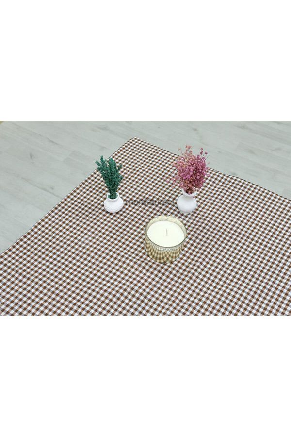 Hazel-Καφέ καρό Gingham Μικρό καρό ύφασμα Zefir Τραπεζομάντιλο για πικνίκ 1