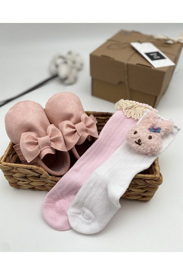 furomebebe Baby Girl Pink Bow Moccasin Lacy Rabbit Figured Socks Gift Box Trendyol