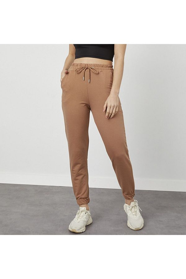 manolyabutik Women s Camel Color High Waist Elastic Leg 2 Thread Seasonal Thin Sweatpants Trendyol