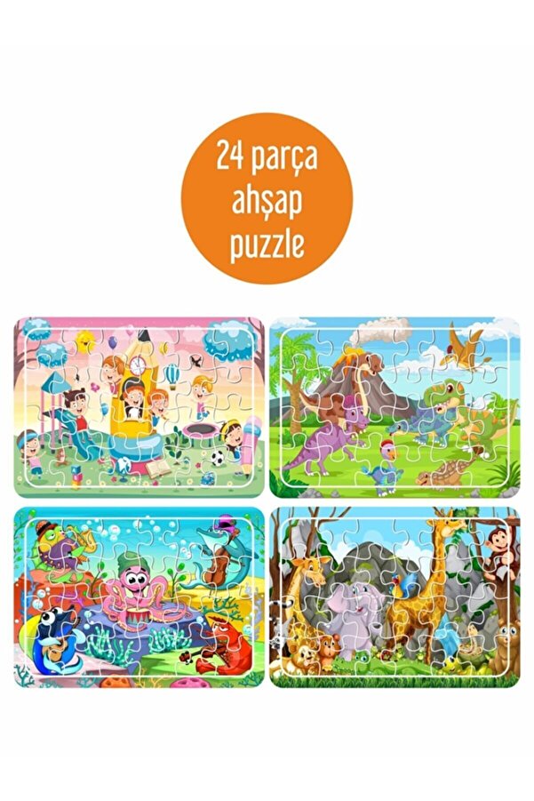 LİPYOS Oyun Zamanı, Sevimli Dinazorlar, Deniz Canlıları, Sevimli Hayvanlar Ahşap 4'lü Puzzle Seti