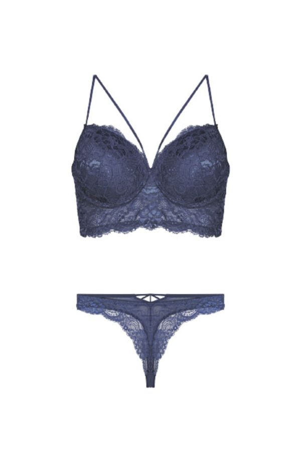 Womens Blue Non-Padded Lace Bra and G-String Set