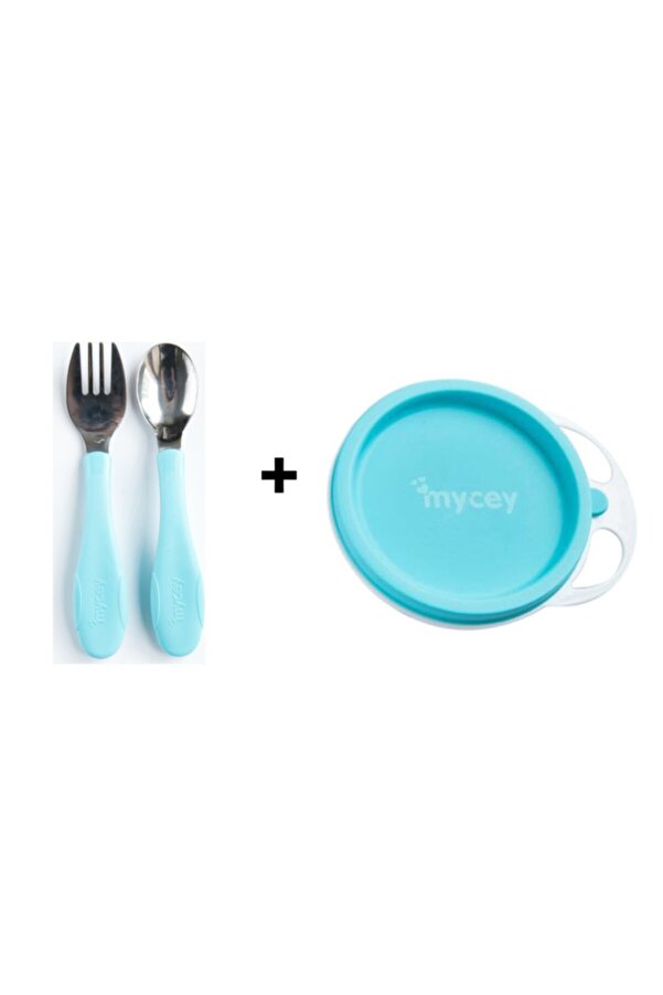 mycey Beslenme Seti Kapaklı Mama Tabağı ve Paslanmaz Çelik Çatal Kaşık