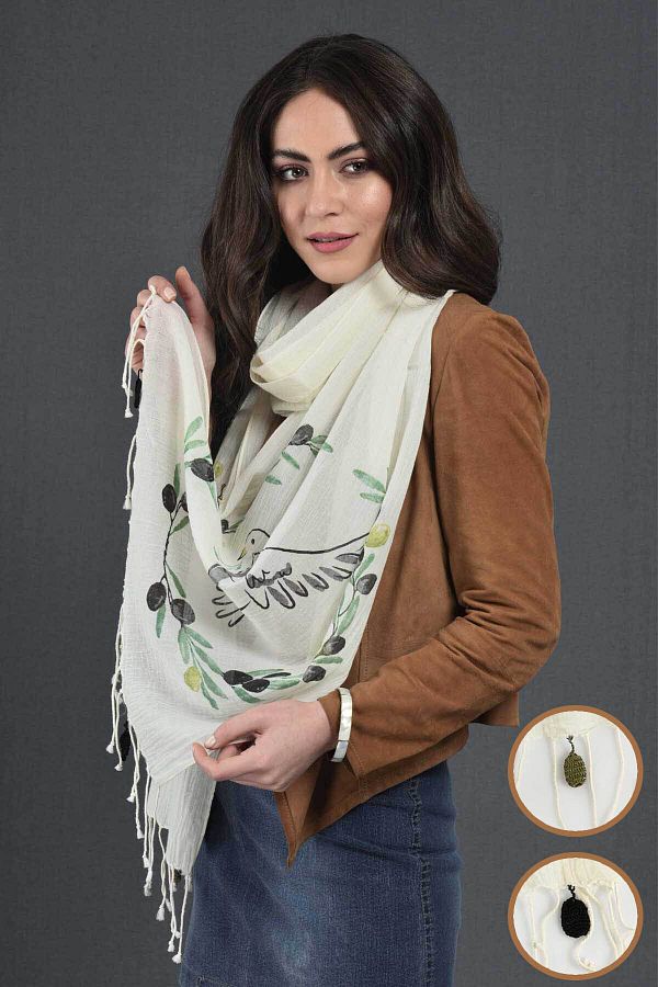 Dosimira Large Cotton Scarf with Dove and Olive Print Trendyol