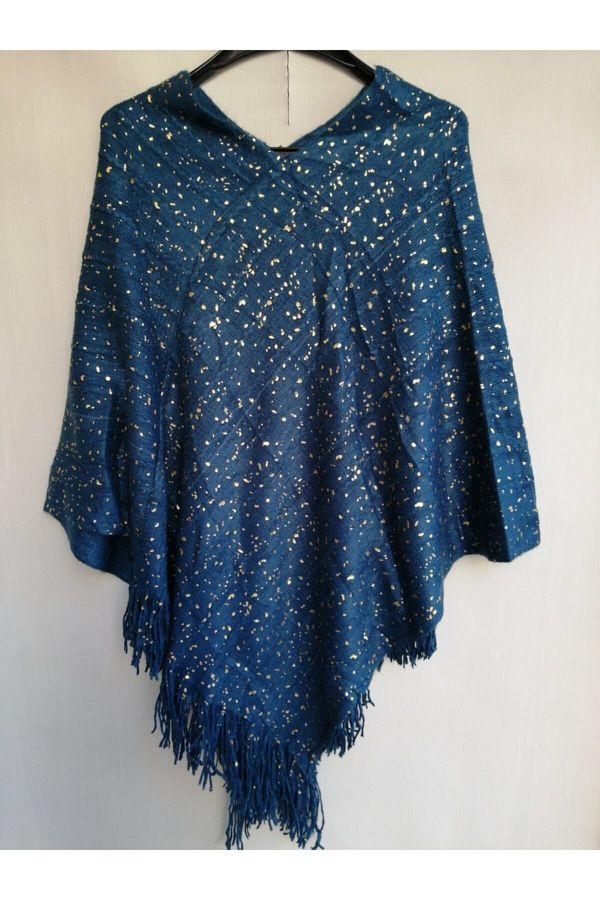 Butik Tülin-Women's Authentic Acrylic Petrol Blue Gold Glitter Women's Shawl Poncho Made in China 1