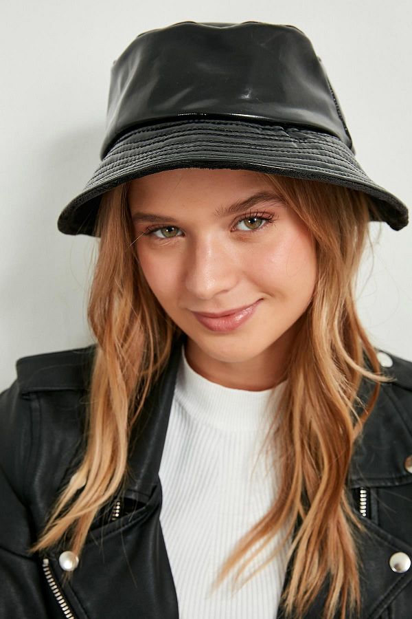 Black patent bucket hat cheap
