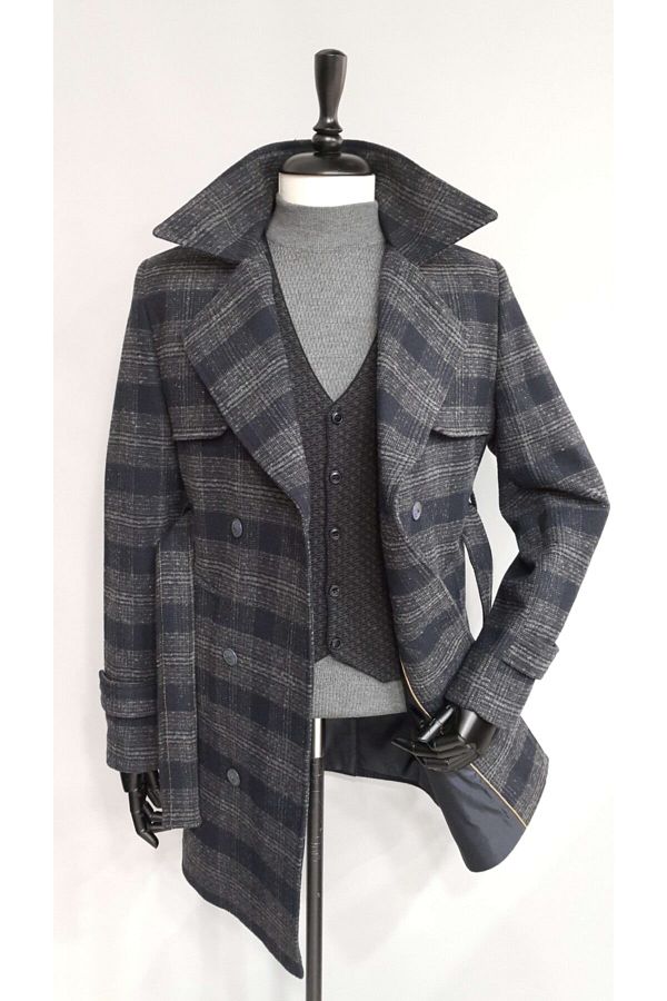 Blue plaid trench coat top