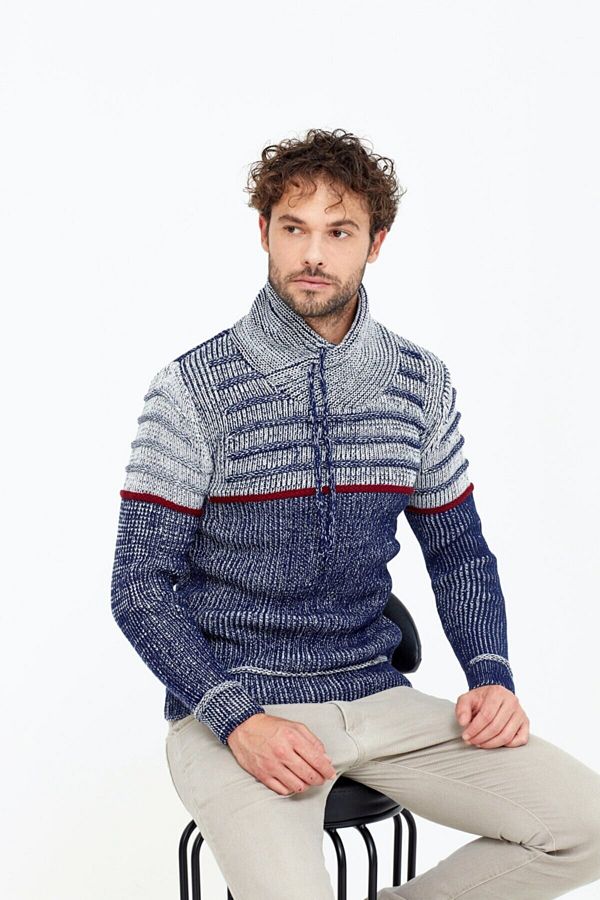 COOL TARZ Men s Gray Navy Blue Shawl Collar Chest Striped Knitwear Sweater Trendyol