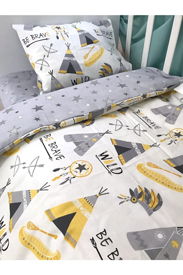 Bebek Özel Pamuklu Bebek/çocuk 80x130 Yastık Çarşaf Yorgan Sarı Gri Kamp Çadır Desenli (Yorganlı)