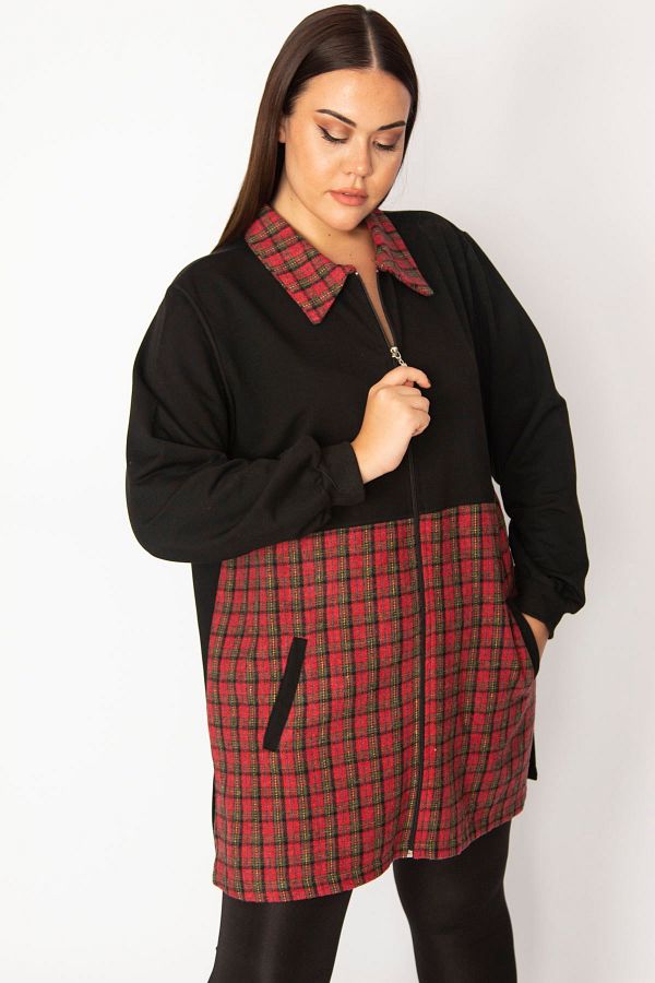 Şans-Women's Large Size Burgundy Plaid Pattern Detailed Zippered Pocket Coat 65n29569 1