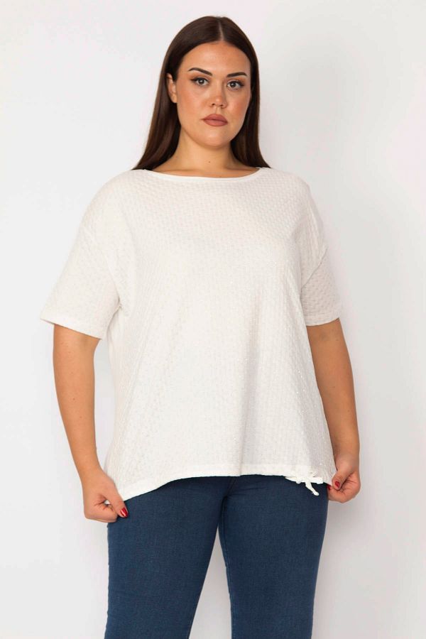 Şans-Women's Large Size Bone Front Glittery Nope Pattern Lace Detailed Crew Neck Blouse 65n29112 1