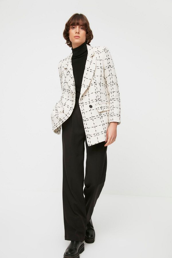 Trendyol Collection-Ecru Tweed Oversize szőtt kockás blézer dzseki TWOAW21CE0105 1