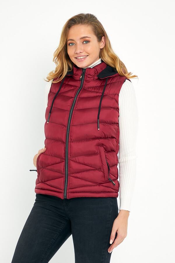 DYNAMO-Women's Burgundy Puffer Vest with Fleece Inside Hood 1