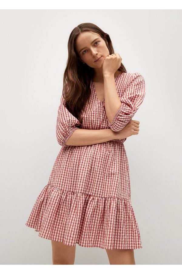 MANGO Women s Red Checkered Vinyl Dress Trendyol