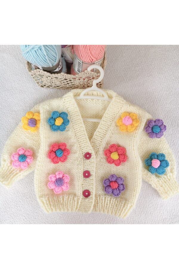 İzmirblanket El Örgüsü Çiçekli Crop Bebek Hırka