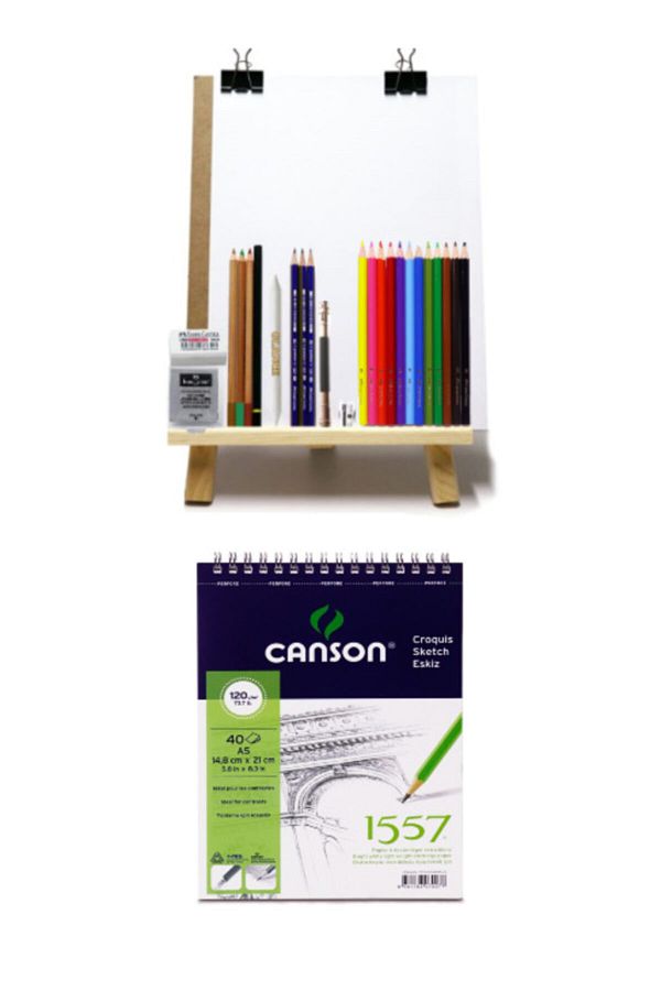 GLANCE-Charcoal Sketch Drawing Set Desktop Easel Duralit Canson Sketch Drawing Notebook A5 120 Gr 1