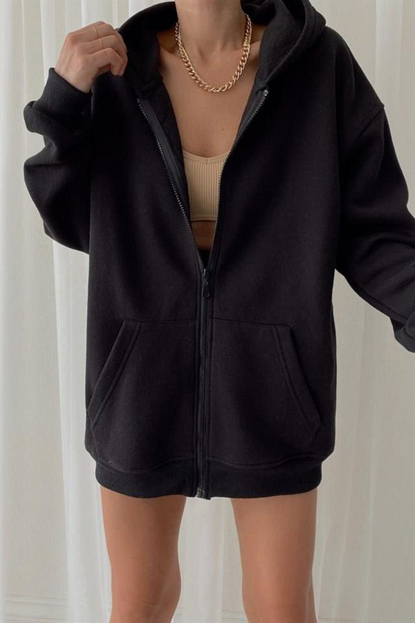 AFC Shop Women s Black Hooded Oversize Ribbed Zippered Knitted Sweatshirt Trendyol