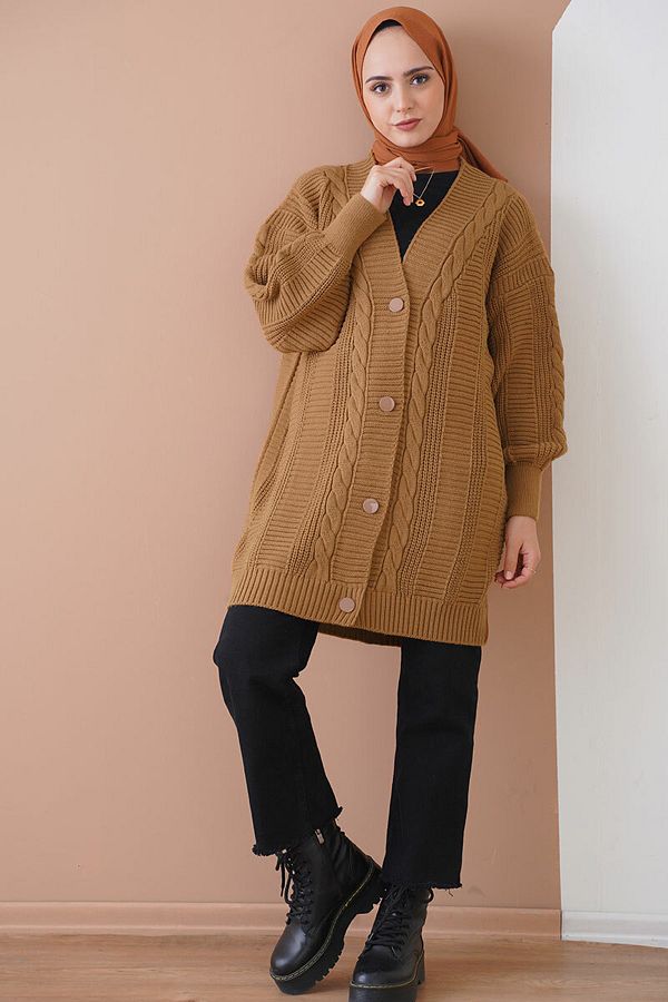 Bigdart-15768 Hellbrauner Strickpullover mit geknöpftem Strickmuster 1