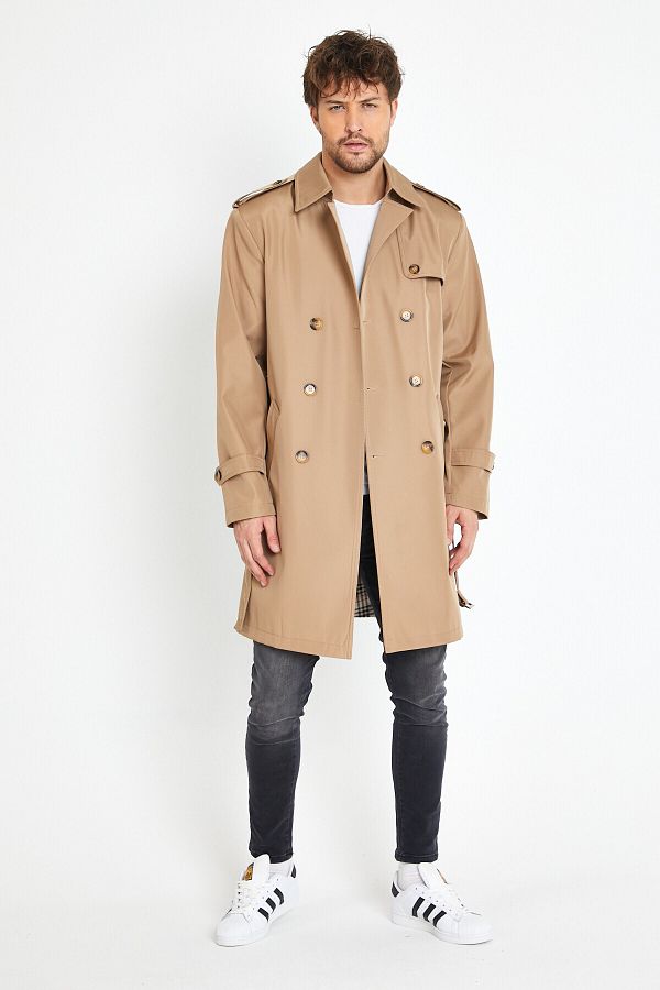 Bigart Plaid Lining Detailed Men s Topcoat Trench Coat Camel Trendyol